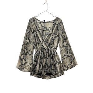 Windsor Snakeskin Romper Medium Semi Sheer Bell Sleeve V Neck One Piece